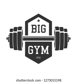 Dumbbell silhouette. Template for bodybuilding and sport fitness logo, label, emblem, badge or branding design in retro, vintage style. Vector illustration.