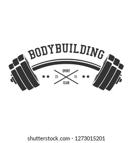 Сurved dumbbell silhouette. Template for bodybuilding and sport fitness logo, label, emblem, badge or branding design in retro, vintage style. Vector illustration.