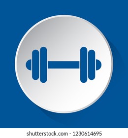 dumbbell - simple blue icon on white button with shadow in front of blue square background