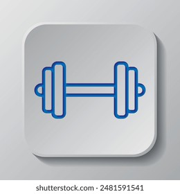 Dumbbell simple icon vector. Flat design. Paper cut design. Cutted blue symbol with shadow. Gray badge button, gray background.ai