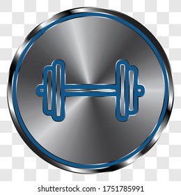Dumbbell simple icon vector on metal round button. Transparent grid