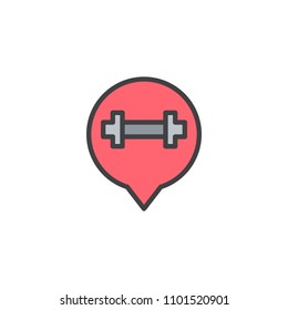 Dumbbell in speech bubble filled outline icon, line vector sign, linear colorful pictogram isolated on white. Thinking about sport symbol, logo illustration. Pixel perfect vector graphics