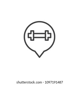 Dumbbell in speech bubble outline icon. linear style sign for mobile concept and web design. Thinking about sport simple line vector icon. Symbol, logo illustration. Pixel perfect vector graphics