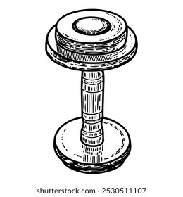 Sino de pino para o esboço desenhado à mão de esportes. Aptidão. Bombear os músculos dos braços. Equipamentos de ginástica. Exercício físico. Estilo de vida saudável. Objeto metálico. Ilustração em arte de gravura em vetor.