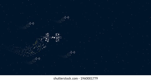 A dumbbell symbol filled with dots flies through the stars leaving a trail behind. Four small symbols around. Empty space for text on the right. Vector illustration on dark blue background with stars