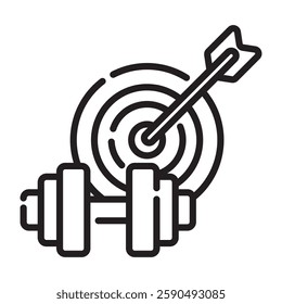 Dumbbell with target outline icon, fitness goal and motivation symbol, black and white vector illustration isolated on white background.