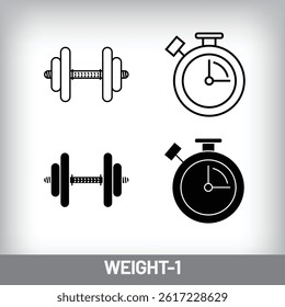 Dumbbell and timing sport design. Simple linear and flat fitness weight icon set.