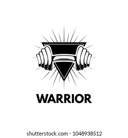 Dumbbell in triangle icon. Warrior inscription. Fitness center logo label emblem. Vector illustration.