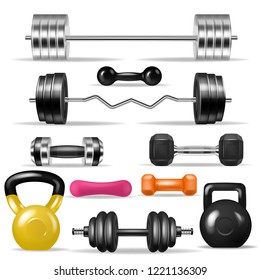 Dumbbell vector fitness gym weight equipment dumb-bells kettlebell illustration bodybuilding set of heavy barbell sport workout isolated on white background