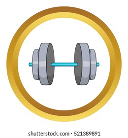 Dumbbell vector icon in golden circle, cartoon style isolated on white background