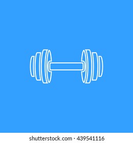 Dumbbell vector icon. White Illustration isolated on blue background for graphic and web design.