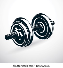 Dumbbell vector illustration isolated on white with disc weight. Sport equipment for power lifting and fitness training.