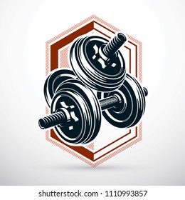 Dumbbell vector illustration isolated on white with disc weight. Sport equipment for power lifting and fitness training.
