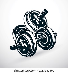 Dumbbell vector illustration isolated on white composed with disc weight. Sport equipment for weight lifting fitness training.