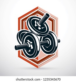 Dumbbell vector illustration isolated on white with disc weight. Sport equipment for power lifting and fitness training.