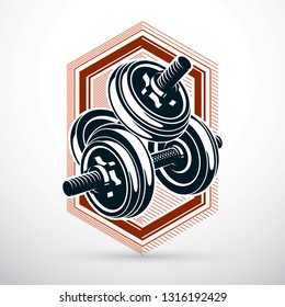 Dumbbell vector illustration isolated on white composed with disc weight. Sport equipment for weight lifting and gym training.