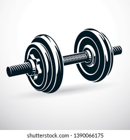 Dumbbell vector illustration isolated on white with disc weight. Sport equipment for power lifting and fitness training.