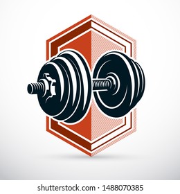 Dumbbell vector illustration isolated on white composed with disc weight. Sport equipment for weight lifting and fitness training.