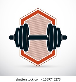 Dumbbell vector illustration isolated on white with disc weight. Sport equipment for power lifting and fitness training.