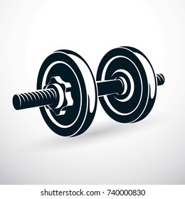 Dumbbell vector illustration isolated on white composed with disc weight. Sport equipment for weight lifting and cross fit training.