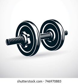 Dumbbell vector illustration isolated on white composed with disc weight. Sport equipment for weight lifting and fit training.