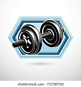 Dumbbell vector illustration isolated on white with disc weight. Sport equipment for power lifting and fitness training.