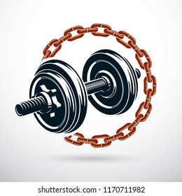 Dumbbell vector illustration surrounded by iron chain. Fitness workout and power lifting.
