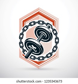 Dumbbell vector illustration surrounded by iron chain. Fitness workout and power lifting.