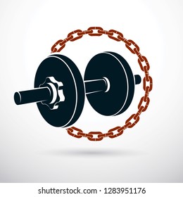 Dumbbell vector illustration surrounded by iron chain. Fitness workout and power lifting.