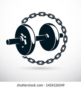 Dumbbell vector illustration surrounded by iron chain. Fitness workout and power lifting.