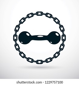 Dumbbell vector illustration surrounded with iron chain, fitness and gym sport equipment for healthy lifestyle and fitness workout.