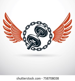 Dumbbell vector illustration with wings and surrounded by iron chain. Fitness workout and power lifting sport equipment.