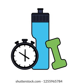 dumbbell with water bottle and chronometer
