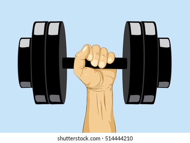 Dumbbell weight. Hand lifted dumbbell. Strength symbol. Vector illustration