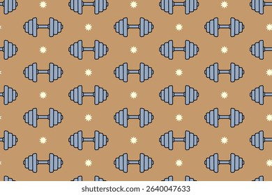 Dumbbell with weight plate seamless pattern on tan background. dumbbell with star colorful pattern background. Dumbbell isolated motif wallpaper. Fitness, gym, weightlifting packaging and merchandise