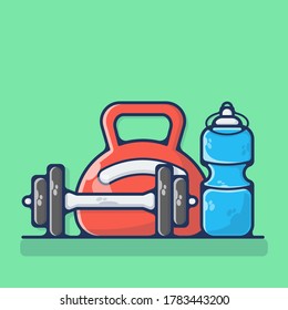 Dumbbell, Weight Scales And Bottle Vector Illustration. Set Work out,  Sports, Gym And Fitness. Flat Cartoon Style Suitable for Sticker, Wallpaper, Icon, etc.