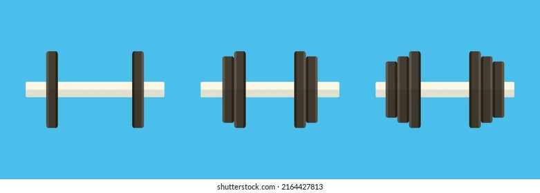 Dumbbell and weight for sport and bodybuilding for fitness and health. Gym and exercises for strength and muscle. Training and equipment for health and sports. Isolated design. Vector.