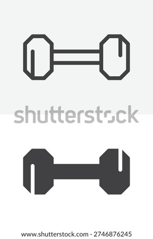 Dumbbell weightlifting icon set showing gym barbell weights. Line outline and solid icon versions with editable stroke. Fitness vector sign and symbol for workout training equipment icon.