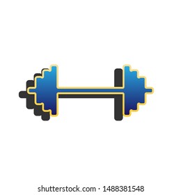 Dumbbell weights sign. Blue icon with gold contour with dark gray shadow at white background. Illustration.