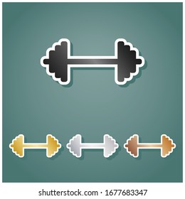 Dumbbell weights sign. Set of metallic Icons with gray, gold, silver and bronze gradient with white contour and shadow at viridan background. Illustration.