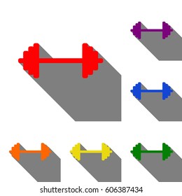 Dumbbell weights sign. Set of red, orange, yellow, green, blue and violet icons at white background with flat shadow.