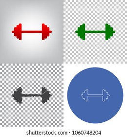 Dumbbell weights sign. Vector. 4 styles. Red gradient in radial lighted background, green flat and gray scribble icons on transparent and linear one in blue circle.