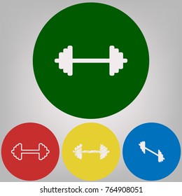 Dumbbell weights sign. Vector. 4 white styles of icon at 4 colored circles on light gray background.
