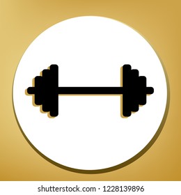 Dumbbell weights sign. Vector. Black icon with light brown shadow in white circle with shaped ring at golden background.