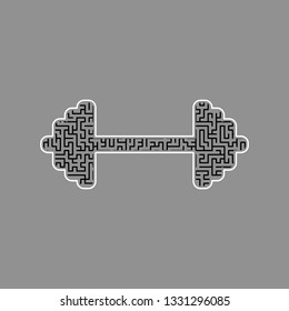 Dumbbell weights sign. Vector. Black maze filled icon with white border at gray background.
