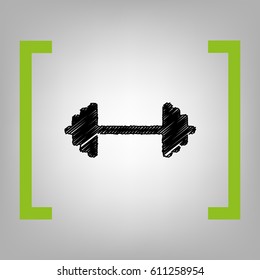 Dumbbell weights sign. Vector. Black scribble icon in citron brackets on grayish background.