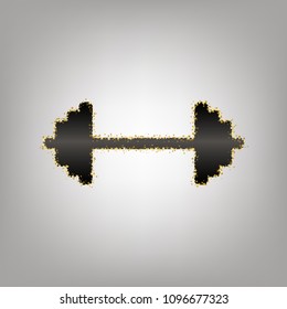 Dumbbell weights sign. Vector. Blackish icon with golden stars at grayish background.