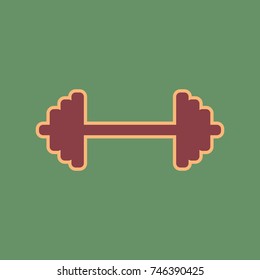 Dumbbell weights sign. Vector. Cordovan icon and mellow apricot halo with light khaki filled space at russian green background.