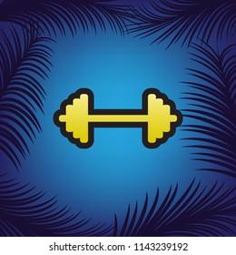 Dumbbell weights sign. Vector. Golden icon with black contour at blue background with branches of palm trees.
