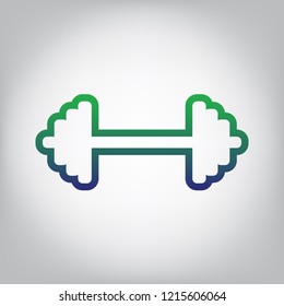 Dumbbell weights sign. Vector. Green to blue gradient contour icon at grayish background with light in center.